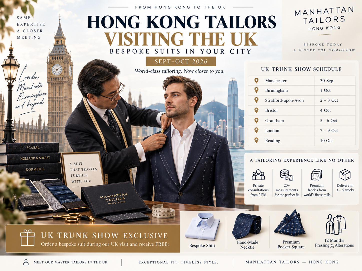 Hong Kong Tailors Visiting the UK: Bespoke Suits in Your City (Sept-Oct 2026)