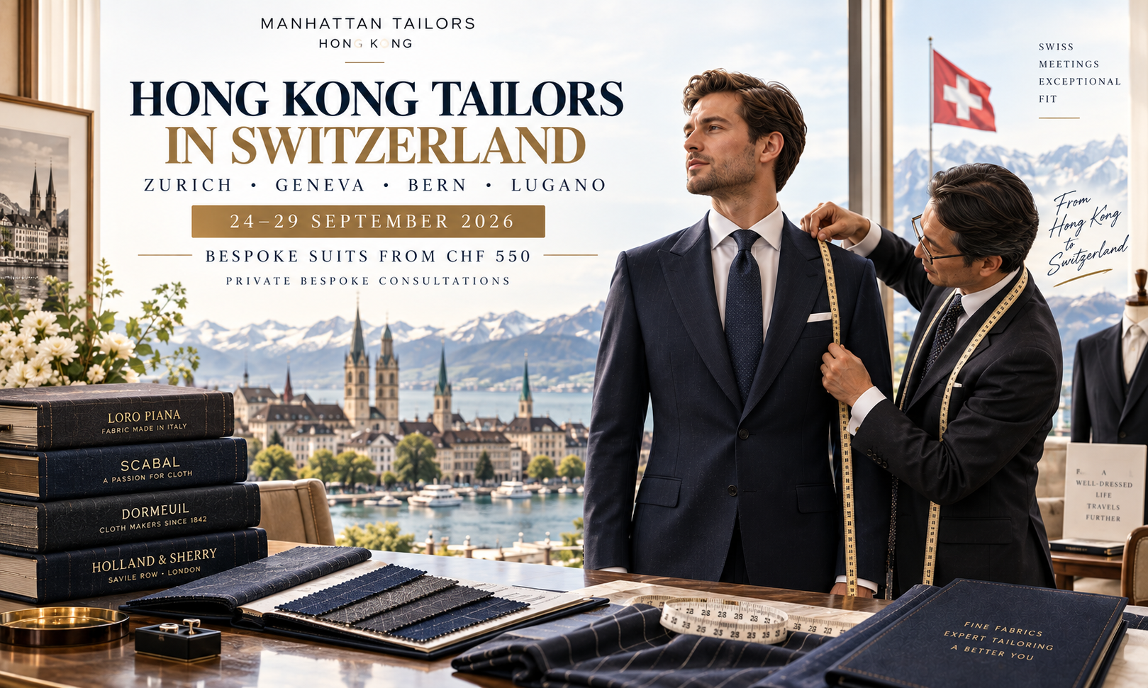 Hong Kong Tailors Visiting Switzerland: Bespoke Suits in Zurich, Geneva, Bern and Lugano (Sept 2026)